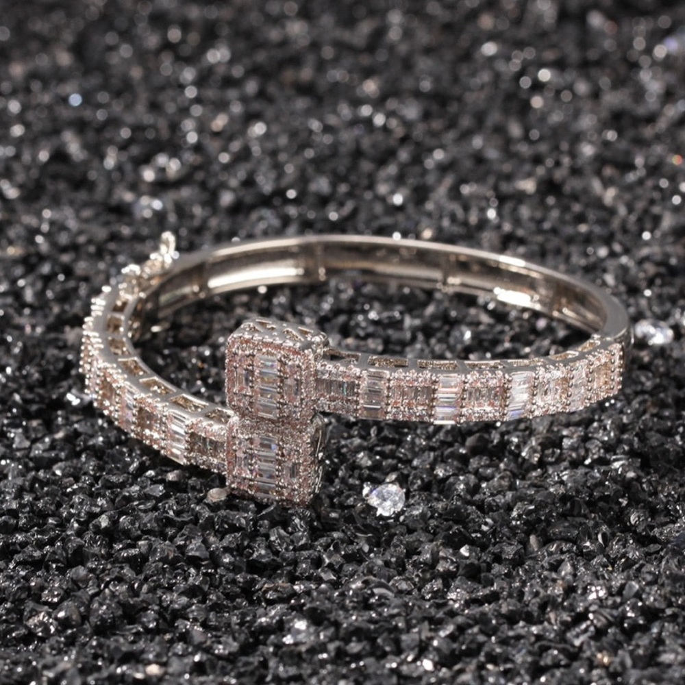 Silver Open Square Silver Rhinestone Bangle, Bagu… - image 4